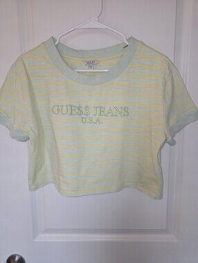 Guess X ASAP Rocky Short-Sleeve Striped Crop Tee in Pale Yellow & Mint, Size S